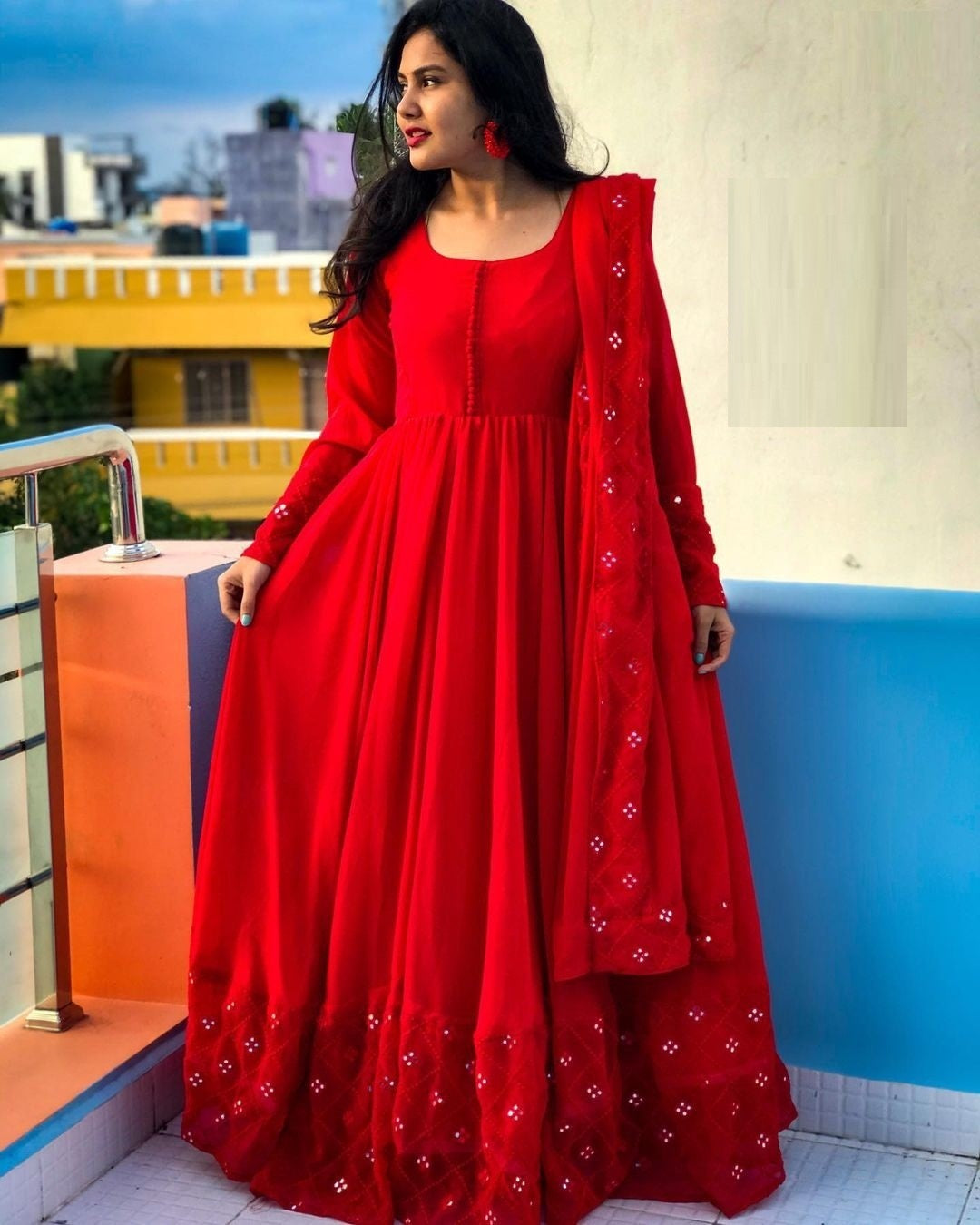 Beautiful full flair gown, long georgette gown for women, Heavy Party Wear  Suit, red Salwar Suit, Indian Gown, red suit with dupatta