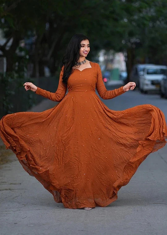 Bronze Orange Georgette all over pearl work long dress gown