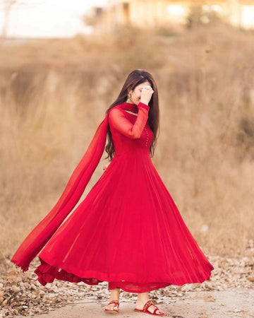 Women Beautiful Ethnic Gown With Dupatta Fox Georgette Red