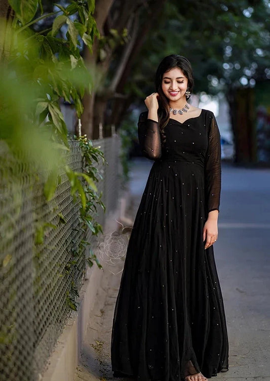 Georgette Black Colour all over pearl work long dress gown