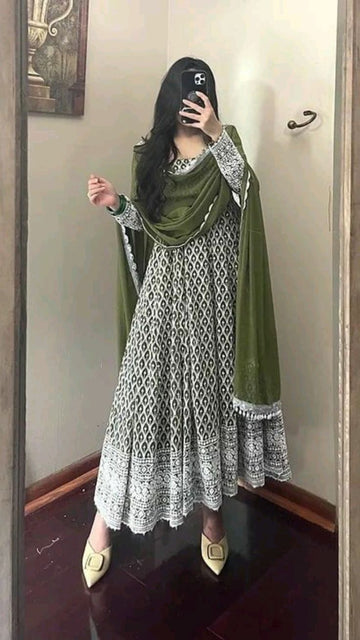 Olive Green Heavy Georgette Readymade Anarkali Gown