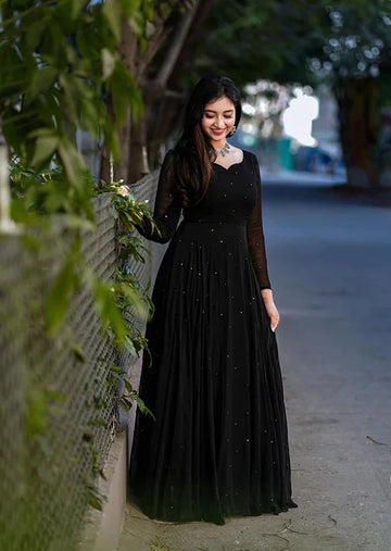 Georgette Black Colour all over pearl work long dress gown