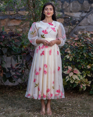 Beige And Pink Floral Hand Painted Organza Dress