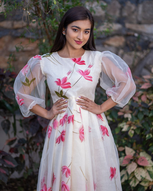 Beige And Pink Floral Hand Painted Organza Dress