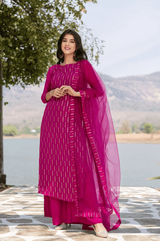 Pink Heavy Kurta With Palazzo And Dupatta (Set of 3)