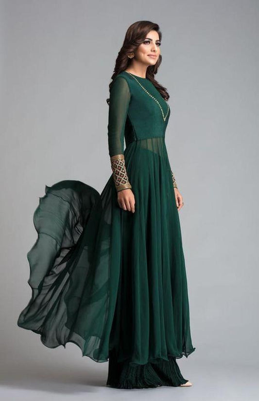 Bottle Green Georgette Anarkali Suit With Plazo