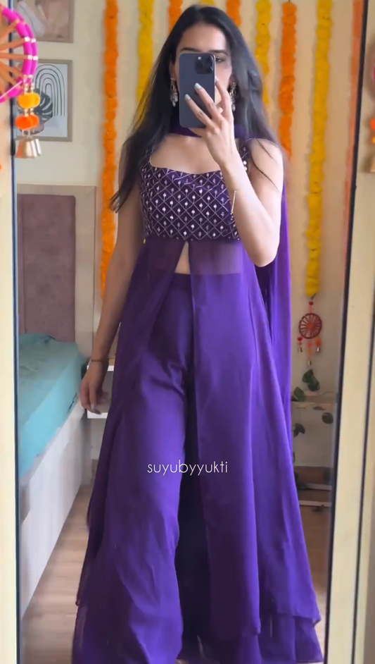 purple georgette anarkali suit with plazo with sequence work