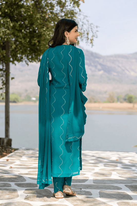 Teal Sequin Kurta With Pant And Dupatta (Set of 3)