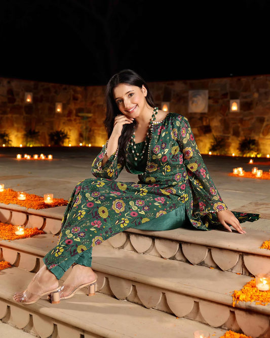 MAHSA GREEN PRINTED SILK KURTA SET