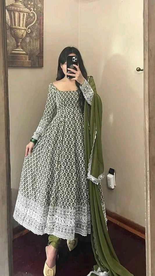 Olive Green Heavy Georgette Readymade Anarkali Gown