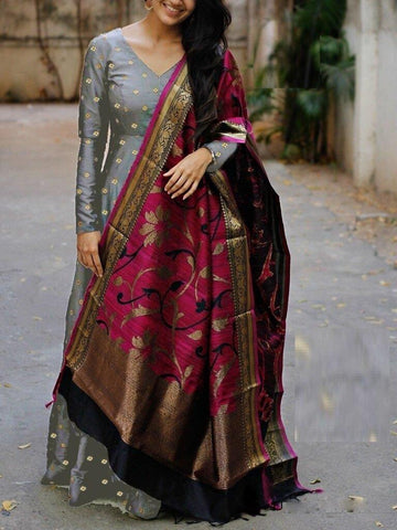 Grey Taffeta Butty Gown With Dupatta