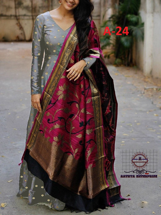 Grey Taffeta Butty Gown With Dupatta