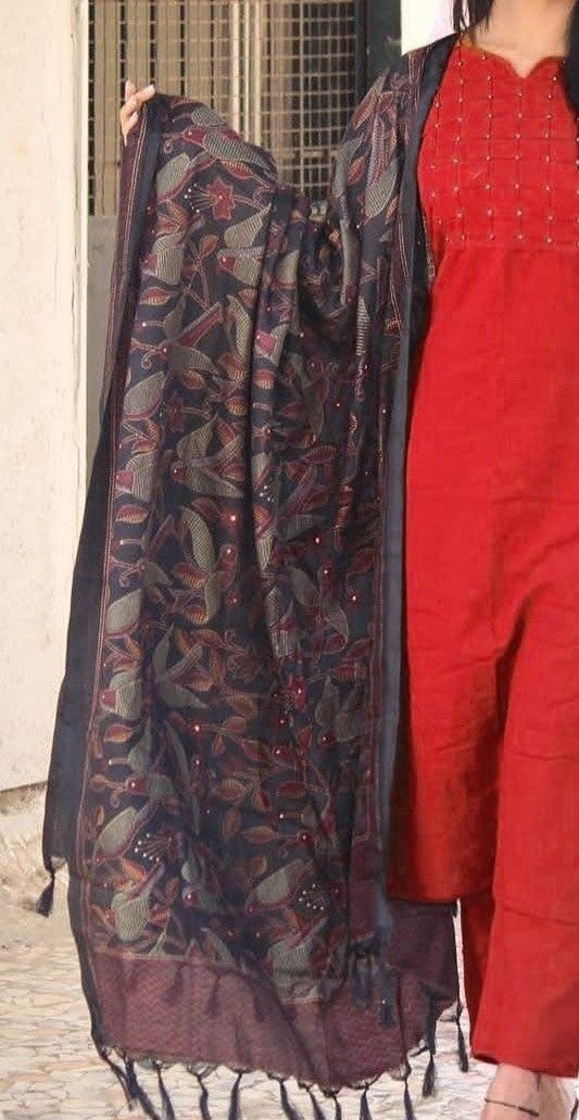 Red Cotton Kurti Pant With Dupatta Set Designer Kurti Set