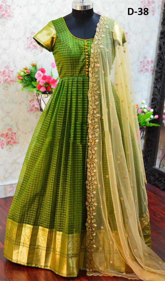 Designer Green Chanderi Silk Jacquard Redymade Gown With Embroidered Silk Dupatta For Women