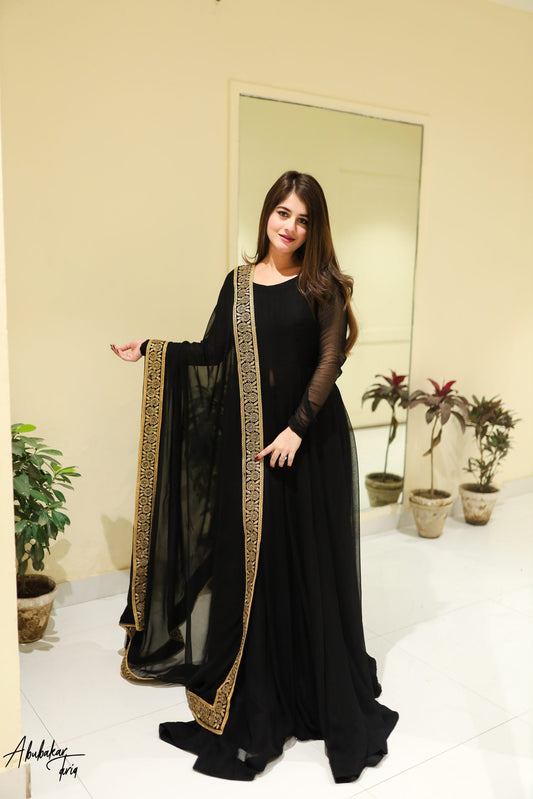 SOLID BLACK ANARKALI WITH GHARARA