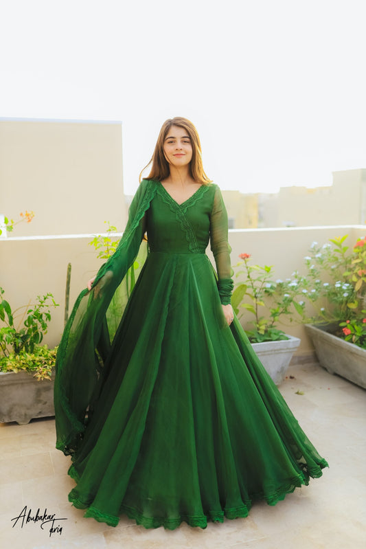 SOLID GREEN LONG FLAIR ANARKALI WITH DUPATTA