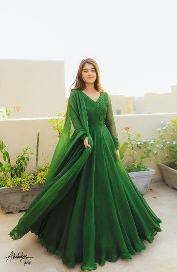 SOLID GREEN LONG FLAIR ANARKALI WITH DUPATTA