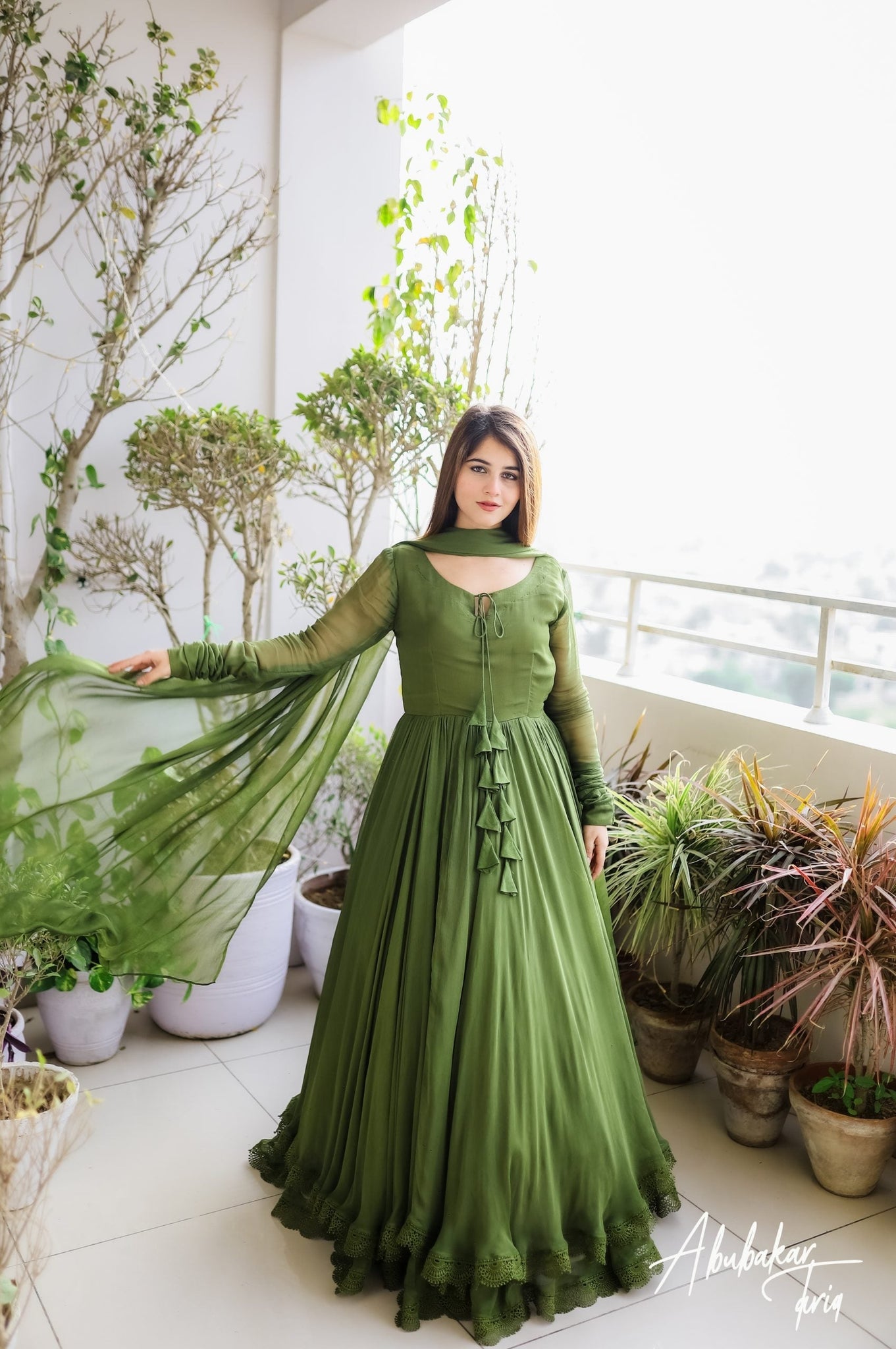 Solid Green Long Flared Double Layered Anarkali With Dupatta