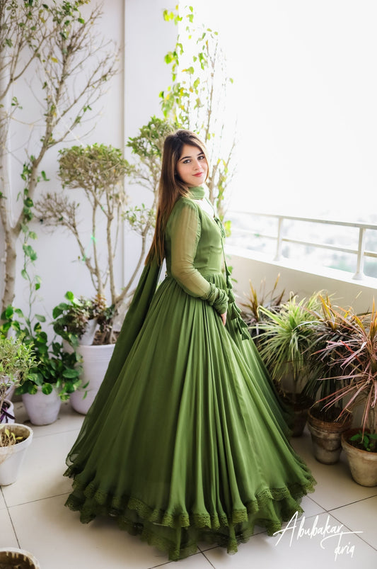 Solid Green Long Flared Double Layered Anarkali With Dupatta