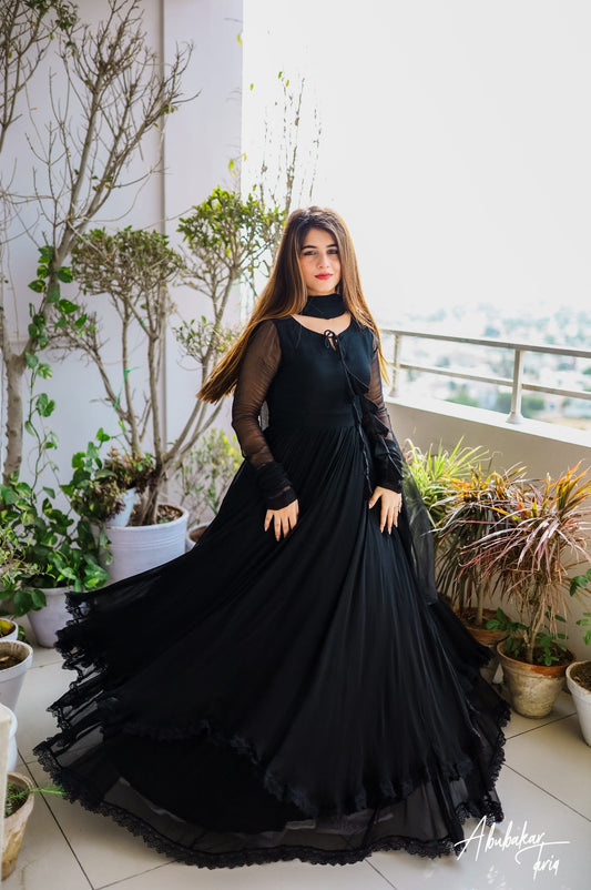 Solid Black Long Flared Double Layered Anarkali With Dupatta