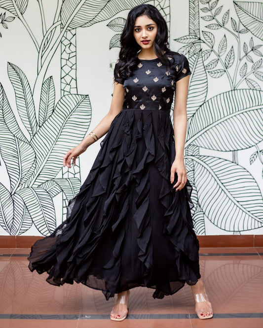 Black Embroidery Ruffle Gowns