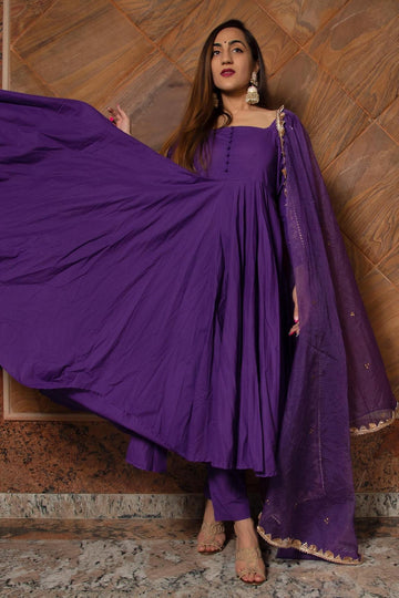 Purple Taffeta Silk Anarkali Set (Set of 3)