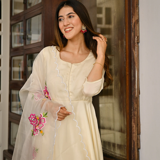 Featuring Ivory Taffeta Embroidered Anarkali Suit