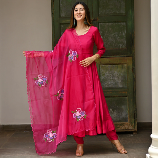 Pink Taffeta Anarkali Paired With An Embroidered Organza Dupatta