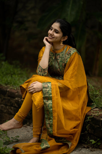 STYLISH SILK COTTON SALWAR WITH BANARASI LACE WORK IN YELLOW