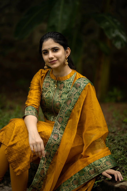 STYLISH SILK COTTON SALWAR WITH BANARASI LACE WORK IN YELLOW