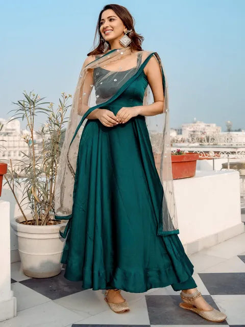 Green Solid Anarkali Gown And Pant With Dupatta