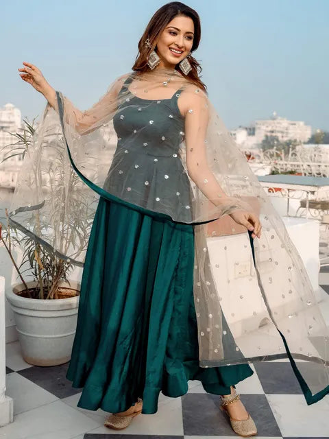 Green Solid Anarkali Gown And Pant With Dupatta