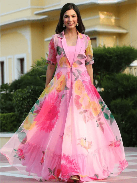 Pink Party Wear Cotton Gown With Koti