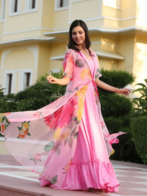 Pink Party Wear Cotton Gown With Koti