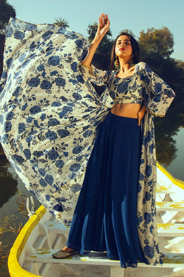 Blue Georgette Printed Jacket And Palazzo Set