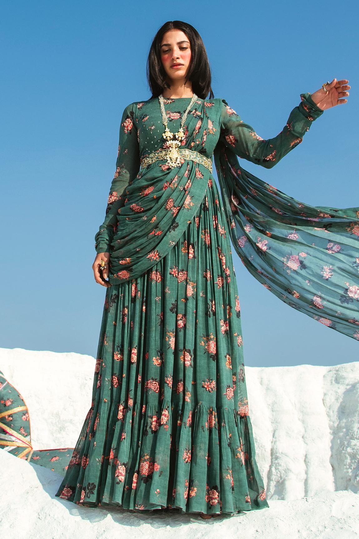 Paulmi and Harsh Green Georgette Printed Draped Anarkali