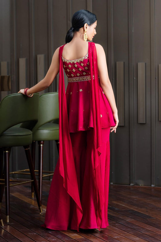 Maroon Shantoon Embellished Kurta And Sharara Set