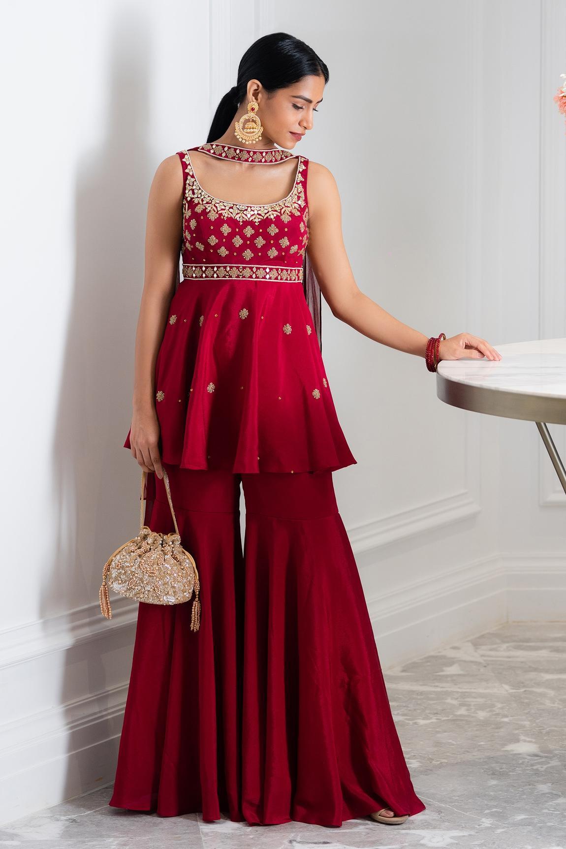 Maroon Shantoon Embellished Kurta And Sharara Set